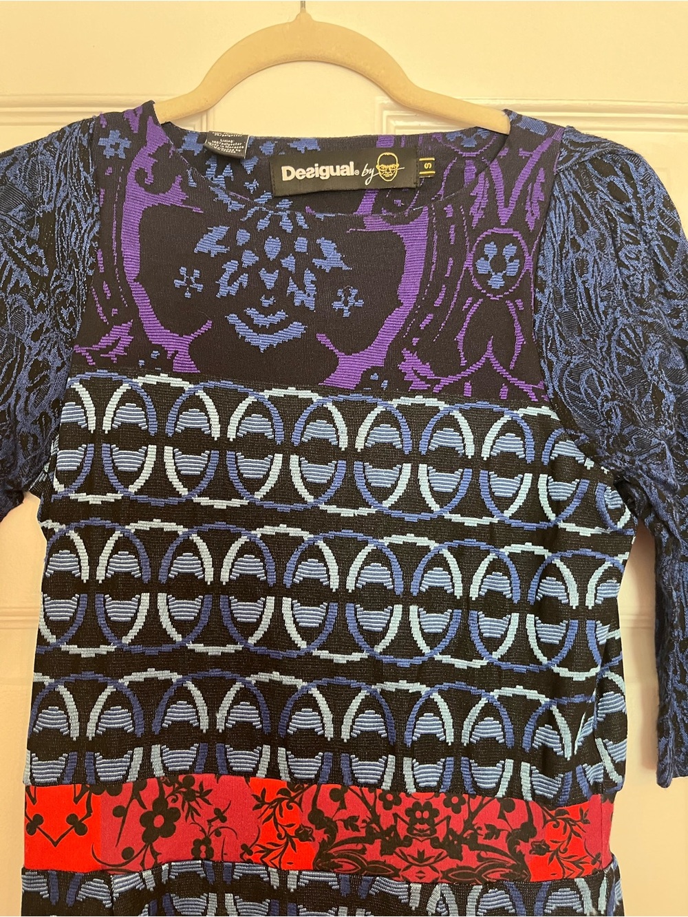 Desigual Blue Patterned Dress with Red Band and Embroidered Detailing - Picture 6 of 11